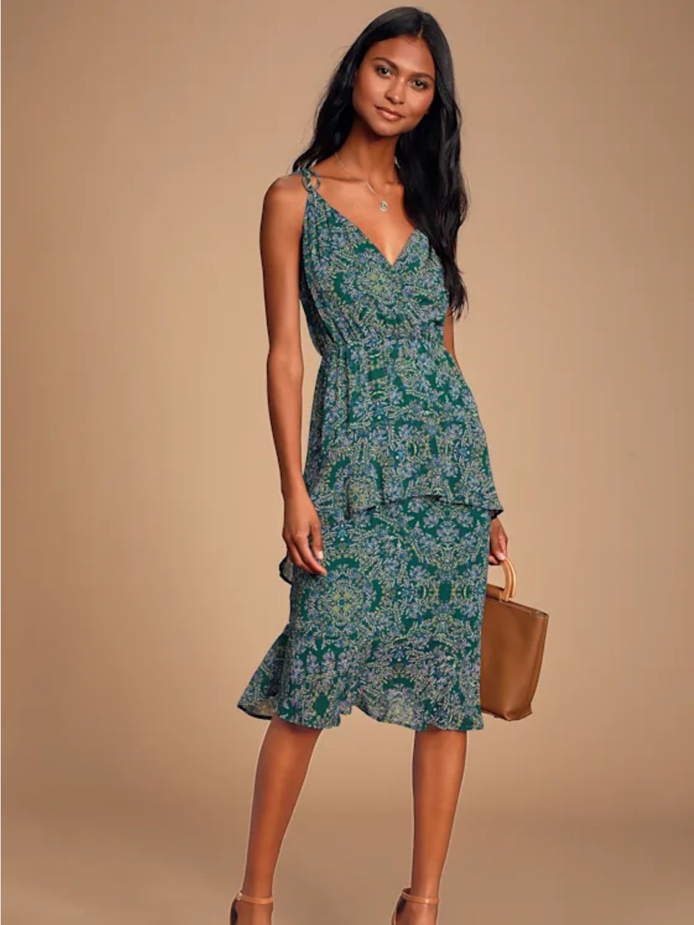 NWT Lulus Loveable Lucille Green Floral Chiffon V-Neck Ruffled Midi Dress